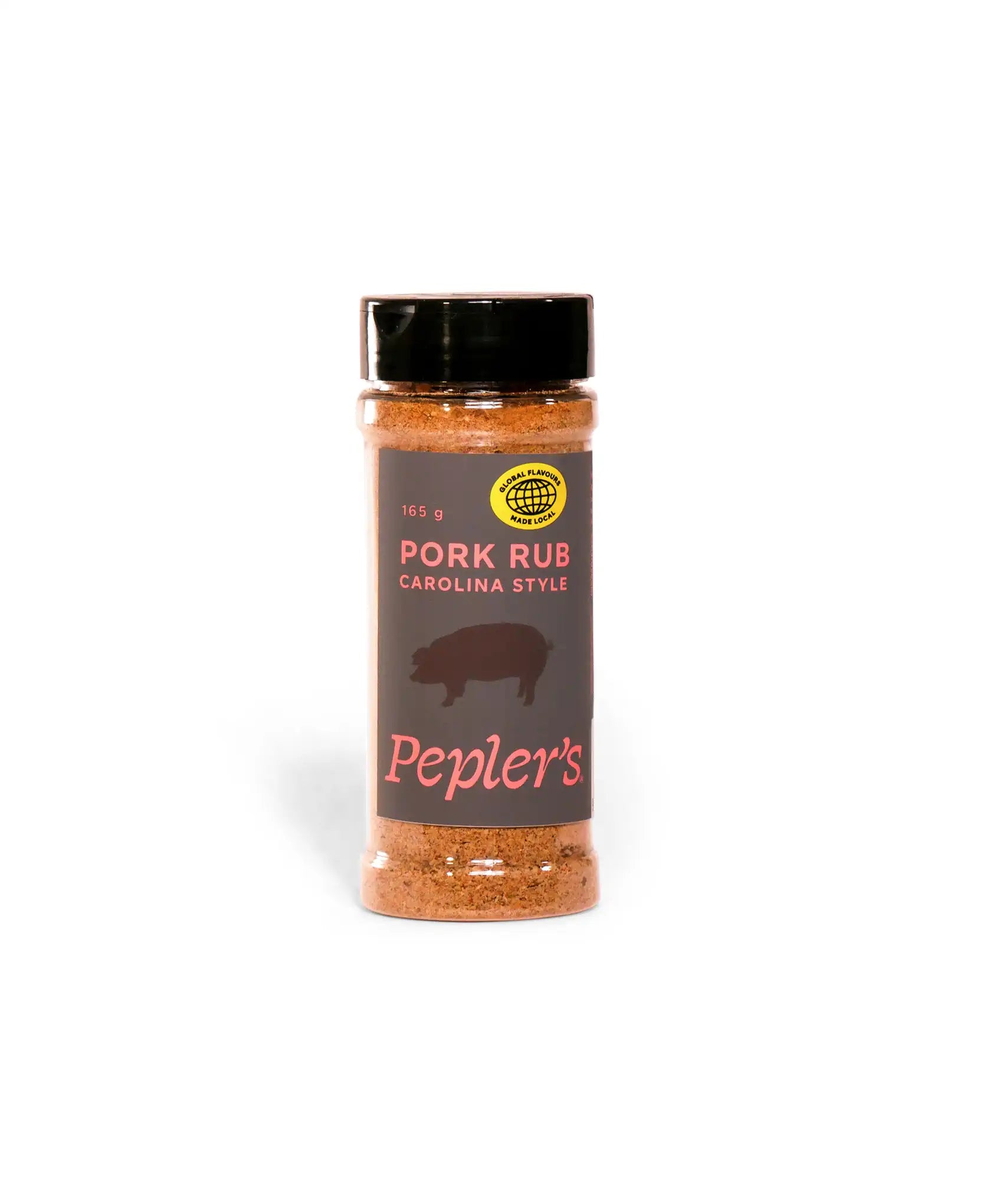 A glass jar of Pepler's Pork Rub in Carolina Style, featuring a black lid and a dark gray label. The label displays the product name in pink letters and a silhouette of a pig. The jar indicates a net weight of 165 grams and includes a circular emblem stating "Global Flavours Made Local." The product is set against a plain white background.