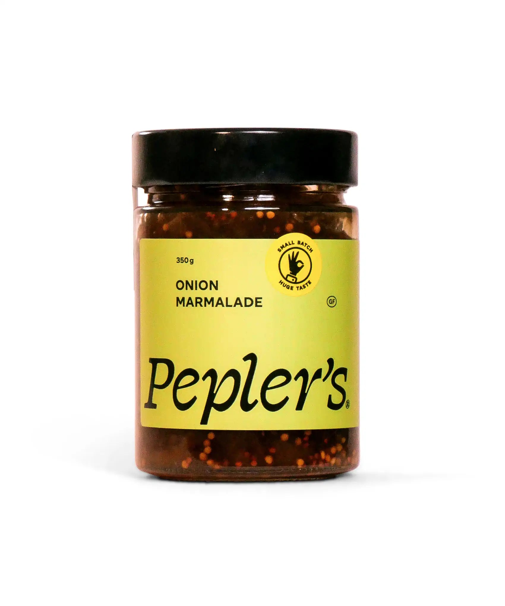 A glass jar of Pepler's onion marmalade with a yellow label reading "ONION MARMALADE" and "350g." The label features a circular emblem that says "SMALL BATCH HUGE TASTE" and indicates that the product is gluten-free (GF). The jar is set against a plain white background.