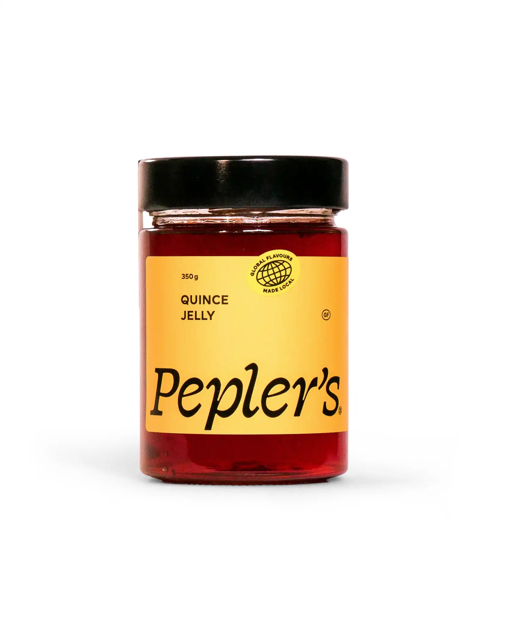 A clear glass jar filled with quince jelly, labeled prominently with the brand name "Pepler's" in bold black lettering. The jar has a yellow label featuring the product name "QUINCE JELLY" and weight information of "350g." The jar is topped with a black lid and has a globe emblem, indicating "GLOBAL FLAVOURS MADE LOCAL," in the upper right corner. The background is plain white, highlighting the jar's contents.